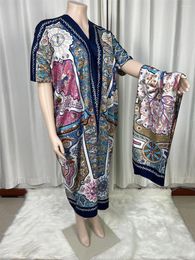 Women's Swimwear 2024 Scarf Loose Print Arabian Saudi Silk Maxi Dress Summer Beach Bohemian Robe African Kaftan Kimono Short Sleeve B50