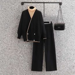 Women's Two Piece Pants Fashion Knitted 2-piece Womens Dress Autumn and Winter New Loose Turtle Neck Pulled Sweater+Elastic Waist Wide Leg Pants SetC240407