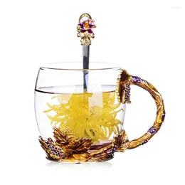 Cups Saucers 301-400ml Enamel Lovely Flower Tea Cup Heat Resistant Crystal Glass Goddess Family Creative Juice