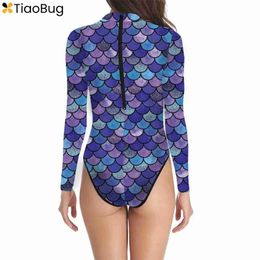 Women's Swimwear Womens mermaid swimsuit one-piece long sleeved fish scale printed swimsuit pool party beach suit surfing Rush Guard swimsuitC240407