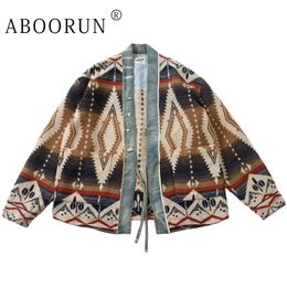 ABOORUN Men Retro Cardigan Robe National Denim Patches Jackets Streetwear Coat for Male 240311