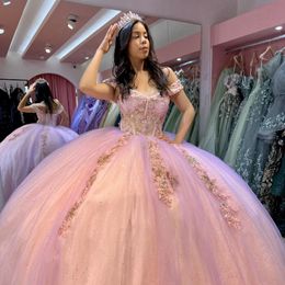 Lilac Off The Shoulder Quinceanera Dress Lace Applique Sequins Beading Tull Mexican Sweet 16 Vestidos De XV 15 Anos Birthday