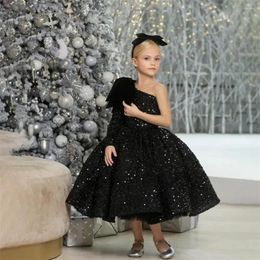 Girl Dresses First Communion Luxury Glitter Sequined One Shoulder Black Flower Dress For Wedding Big Bow Puffy Princess Costumes