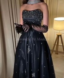 Party Dresses Black Satin Long Prom A-line Strapless Beadings Ankle Length Saudi Arabic Women Gowns Formal Dress