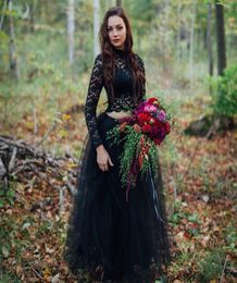 Gothic Black Wedding Dress Country Two Pieces Illusion Lace Top High Neck Long Sleeve Halloween Wedding Dresses Tulle Bridal Gowns2905211