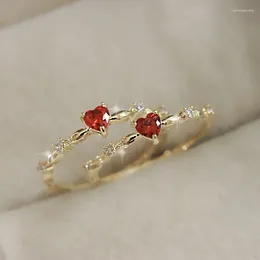 Wedding Rings Simple Red Heart Zircon Finger For Women Exquisite Gold Color Ring Engagement Anniversary Gift