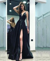 Beautiful Black Satin Dress Spaghetti Straps Neckline Aline Evening Dresses Sexy Backless Slit Sweep Train Prom Party Dresses Cus8705637