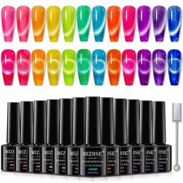 Gel MIZHSE 12Pcs Gel Nail Polish Set Fluorescent Cat Eye Gel Chameleon UV/LED Neon Colorful Cat Magnetic Gel Varnishes for Nails Art