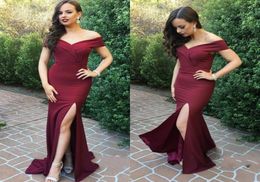 Off Shoulder Burgundy Prom Dresses Side Split Satin Floor Length Mermaid Evening Gowns Custom Made Bridesmaid Dress Women Formal W5230623