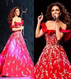 Myriam Fares Red Prom Dresses Sexy Off The Shoulder Evening Gowns A Line White Appliques A Line Party Dress Arabic Women Formal We3077839