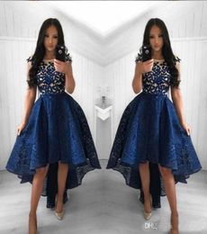 Navy Blue Lace Cocktail Dresses A Line Crew Neck High Low Short Prom Party Dresses Homecoming Dresses HiLo Prom Gowns4387081