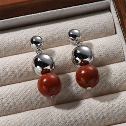 French Exquisite Vintage Light Luxury High-end Spherical Red Agate Pendant Earrings for Women's Fashion Banquet Charm Jewelry