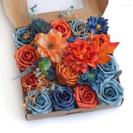 Decorative Flowers Blue Simulation Artificial Silk Heads 18 PCS DIY Wedding Home Valentine's Day Decor Fake Rose Peony Bouquet