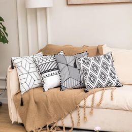 Pillow Black And White Geometric Stripe Tassel/Hair Ball Decoration Soft Velvet Cover Pillowcase Decor For Sofa Living Room