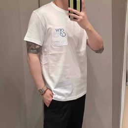 High Edition Luxury Fashion Summer New Blue Embroidery Pocket T-shirt Correct Version Couple Loose Cotton Short Sleeve White Match