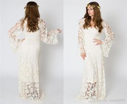 Vintage Bohemian Beach Wedding Dresses Bell Sleeves Lace Crochet Hippie Wedding Dress Floor Length Boho Bridal Gowns4628574