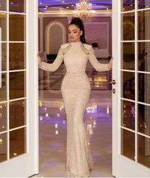 Aso Ebi 2019 Arabic Muslim Gold Sparkly Evening Dresses High Neck Beaded Sequined Prom Dresses Cheap Formal Party Second Reception9656071