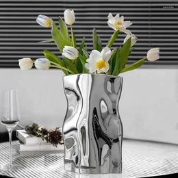 Vases Light Luxury Silver Plated Pleated Ceramic Vase Decorations Living Room Flower Arrangement High-end Dining Table Decoration