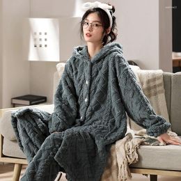 Home Clothing 2PCS Pajamas Set Flannel Nightwear Soft Pyjamas Winter Warm Women Sleepwear Coral Fleece Hooded Kimono Bathrobe Gown Lingerie