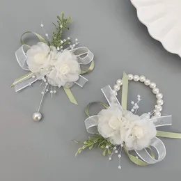 Decorative Flowers Bridal Bridesmaid Corsage Wrist Flower Imitation Pearl Silk Yarn Hand Wedding Wristband Bracelet Girls Party Jewellery