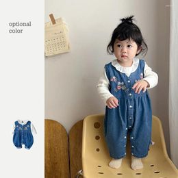 Clothing Sets 2024 Autumn In Kids Baby Girls Cute Set 2pcs Infant Solid Color Ruched Top Shirts Embroidery Flower Overalls Romper