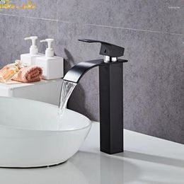 Bathroom Sink Faucets Black Tall Basin Faucet Deck Mounted Tap Waterfall Square Spout Mixer
