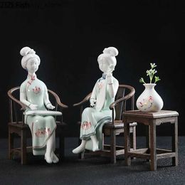 Arts and Crafts Ceramic Crafts Chinese Style Musical Instrument Cheonsam Woman Wooden Tables and Chairs Home Decoration Accessories VaseL2447