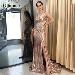 Runway Dresses Glimmer Fancy Sequines Celebrity V Neck Trumpet Tulle Slit Drop Brush Train Vestido De Formatura Customised