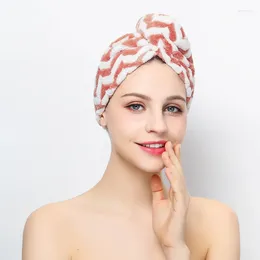 Towel Microfiber Dry Hair Coral Fleece Cap Striped Quick-drying Absorbent Long Soft