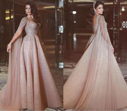 Sparkly Sequins Beaded Evening Dresses with Sleeves Backless Blush Tulle ALine Lace Evening Gowns Custom Made Arabic Prom Dress3714936