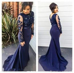 Navy Blue Lace Long New Arrival 2019 Mermaid Formal Evening Dresses Jewel Sexy Back Long sleeve Illusion Appliques Satin Party Dre7311505