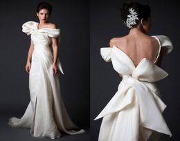 Krikor Jabotian Ivory ALine Wedding Dresses with Back Bow Custom Made Ruffled Formal Wear Sheath OffShoulder Backless Bridal Wed4737367