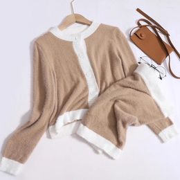 Work Dresses Autumn Knitting Two-piece Set Women O-neck Single-breasted Top Sweater Skirt Suit Fashion Slim Long-sleeved Cardigan Skirts