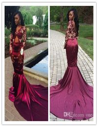 2016 New Sexy Burgundy Long Sleeves Muslim Evening Dresses Mermaid V Neck Lace Sheer Arabic Dubai African Formal Prom Dress Evenin1388208