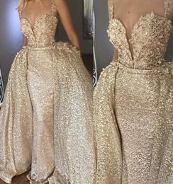 Shiny Gold Abiye Mermaid Long Evening Dresses With Detachable Train Flower Lace Evening Gowns Sequin Sexy Dress Formal Backless 2 6277174