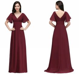 Dresses Wholesale Price Dark Red Long Chiffon Evening Dresses V Neck Low Back Flowy A Line Evening Party Gowns with Speaker Sleeves Cheap