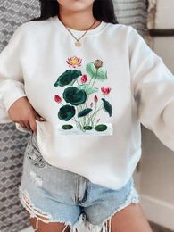 Women's Hoodies Long Sleeve O-neck Fleece Print Pullovers Fashion Clothing Plant Watercolor Cute Sweet Female Women Graphic Sweatshirts