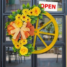 Decorative Flowers Wheel Garland Wreath Durable Party Rustic Round Artificial With Spring Yellow Flower Decor Dot Plaid Bowknot For A