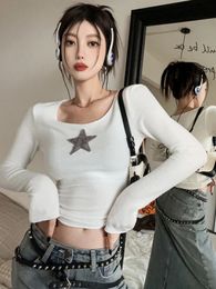 American Retro Star T Shirt Women Spring Autumn Vintage Long Sleeve Basic Tees Streetwear Casual Sexy Slim Crop Top Y2k Clothes 240402