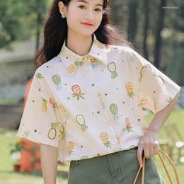 Women's Blouses Cute Fruit Cartoon Shirt Chiffon Blouse For Young Women Harajuku Kawaii Anime Japanese Button Up Shirts Lapel Tops Summer