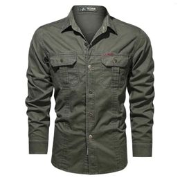 Men's Casual Shirts Long Sleeved Outdoor Single Breasted Blouse Military Style Mens Blouses Tops Spring Fall Cardigan Pockets