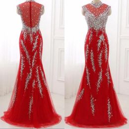 Dresses Luxury Sparkly Crystals Prom Dress Red Mermaid High Neck Sleeveless Prom Dresses Beades Sequins Illusion Back Lace Tulle Evening G