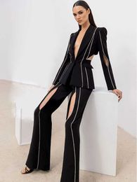 Women's Two Piece Pants High quality latest 2024 S/S designer set for womens single button hollow beaded lapel jacket flame pants setC240407