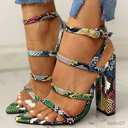 Dress Shoes Colourful Snakeskin Print Block Heeled Sandals - Sexy Ankle Strap Party Pumps