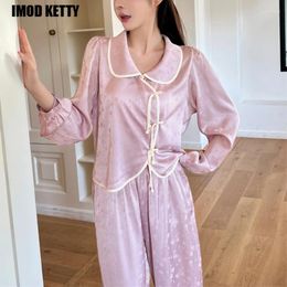 Home Clothing Long Sleeve Jacquard Satin Pijamas Suit Loose Elastic Waist Trouser Summer Chinese Buttons Twinset Pajamas Set Women Sleepwear