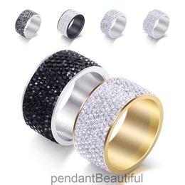 12mm mens titanium steel diamond inlaid versatile fashion ring 8 rows with diamond stainless steel ring