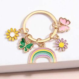 Keychains Lanyards Cute Enamel Keychain Colourful Flower Butterfly Heart Rainbow Key Ring Garden Chains For Women Girl DIY Handmade Jewellery Gift Q240403