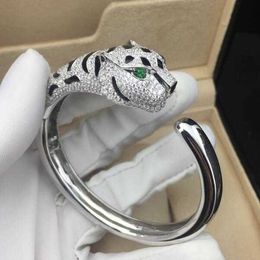 Cartes bracelet 925 Silver Micro Set with Black Diamonds and Oil Green Eyes Cheetah Bracelet Leopard Tiger Head Bracelet Male and Female