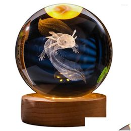Decorative Objects & Figurines 3D Axolotl Crystal Ball Lamp With Wooden Base Colorf Light Creative Home Decoration Drop Delivery Garde Dhh9C