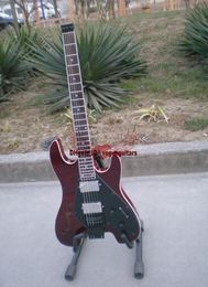 Custom Headless Electric guitar 6 strings Drak Red Tiger flame top electric guitar with F hole5536384